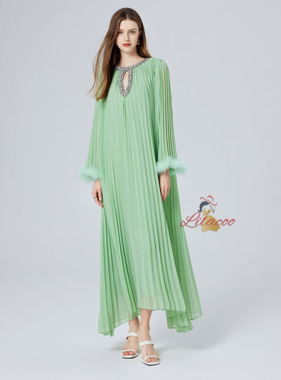 Diamond Beaded Feather Stitching Pleated Loose Dress