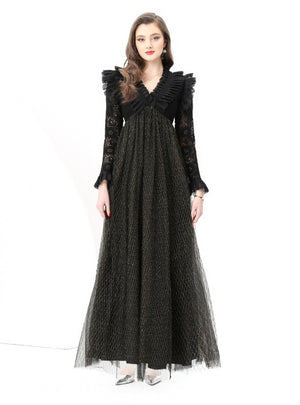 Horn Sleeve Mesh Stitching Long Dress