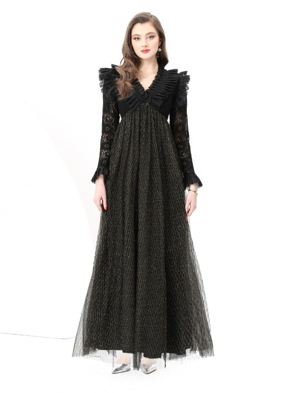 Horn Sleeve Mesh Stitching Long Dress