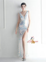 V-neck Sequins Beading Prom Dress