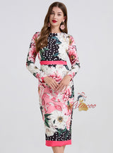 Contrasting Flower Polka-dot Print Slim Dress