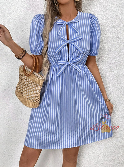 Retro Striped Round Neck Bow Tie Dress