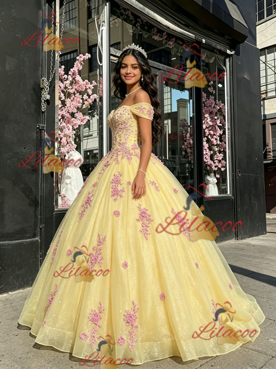 Yellow Tulle Off the Shoulder Appliques Quinceanera Dress