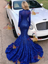 Blue Mermaid Sequins Long Sleeve Prom Dress