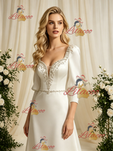 Beige Satin Long Sleeve Beading Wedding Dress