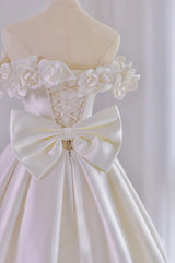 White Satin Off the Shoulder 3D Flower Wedding Dress