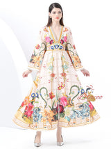 Retro Deep V-neck Flared Sleeve Printed Dress