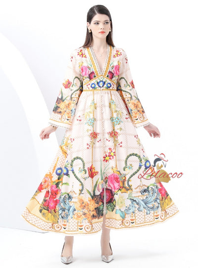 Retro Deep V-neck Flared Sleeve Printed Dress