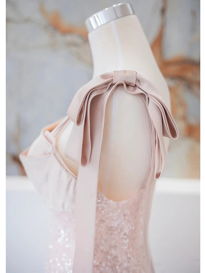 Pink Sequins Straps Prom Dress