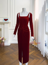 Burgundy Velvet Long Sleeve Split Prom Dress