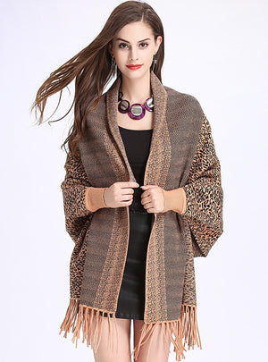 Leopard Tassel Knitted Cardigan Shawl