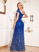 Blue Mermaid Sequins V-neck Prom Dress