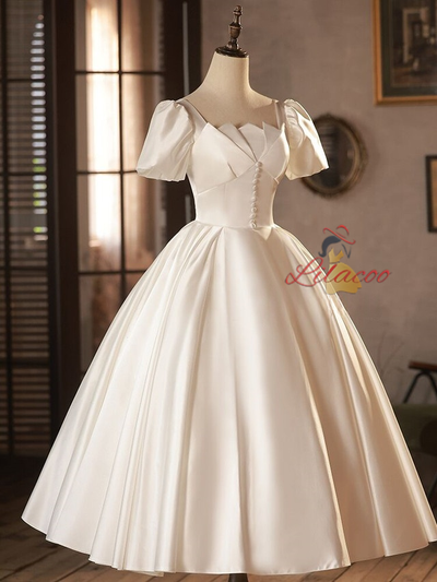 White Satin Short Sleeve Button Wedding Dress