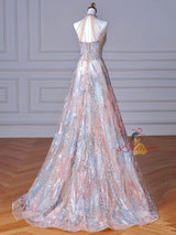 Champagne Sequins Halter Beading Prom Dress