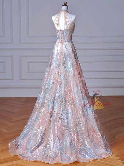 Champagne Sequins Halter Beading Prom Dress