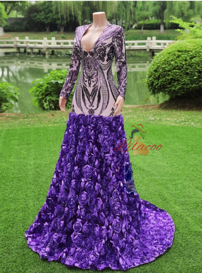 Purple Mermaid Sequins V-neck Prom Dress