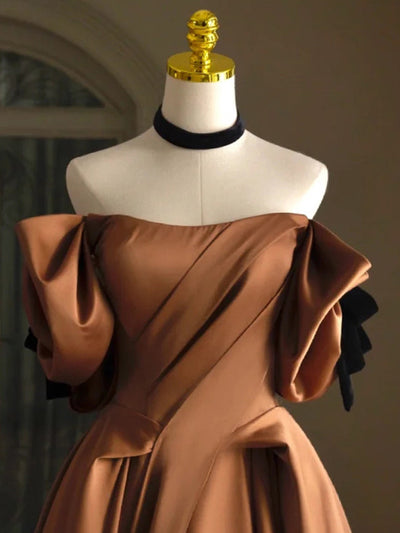 Brown Satin Off the Shoulder Pleats Prom Dress