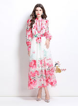Fashion Printed Silm Waist Lantern Sleeve Dress