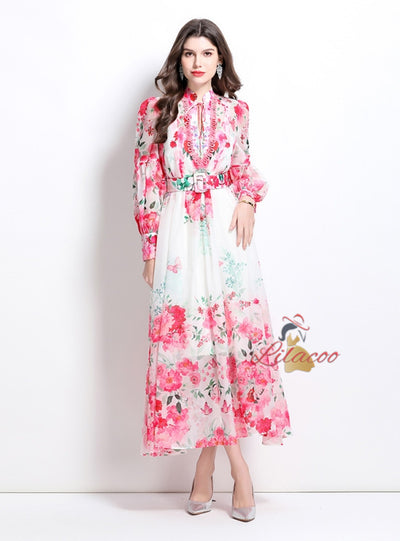 Fashion Printed Silm Waist Lantern Sleeve Dress