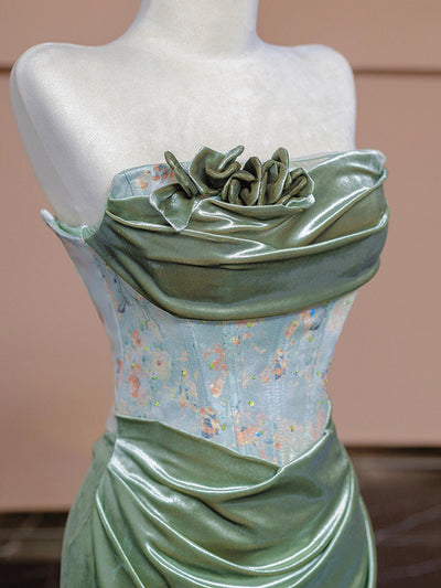 Green Mermaid Strapless Pleats Prom Dress