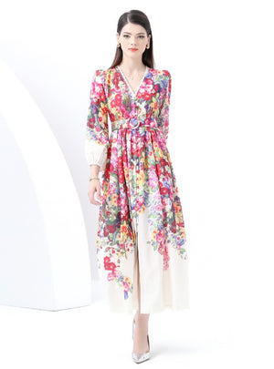 Sexy Lace V-neck Retro Print Dress