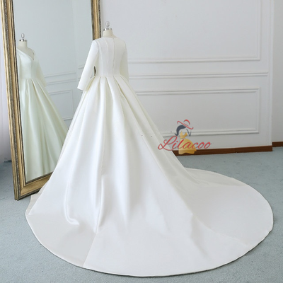 Ivory White Satin Long Sleeve Wedding Dress