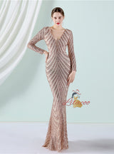 Mermaid Sequins Long Sleeve V-neck Prom Dress