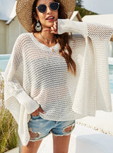 Loose Hollow Round Neck Bat Sleeve Knitted Cover Up