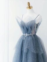 Blue Tulle Tiers Beading Prom Dress