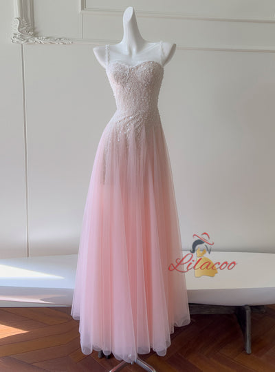 Pink Tulle Lace Straps Prom Dress