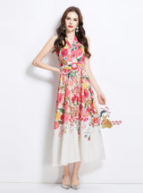 Sleeveless Silm Waist Button Printed Dress