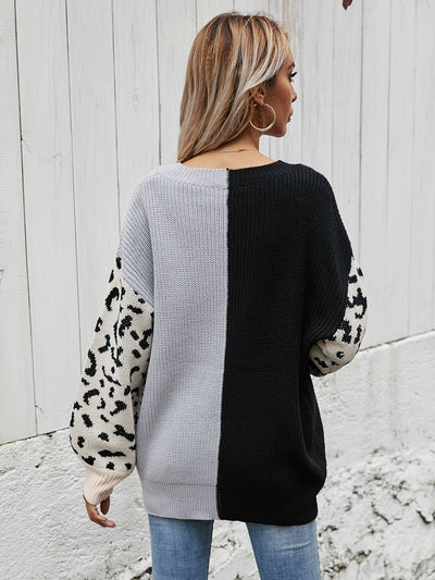 Loose V-neck Splicing Leopard Print Pullover Sweater