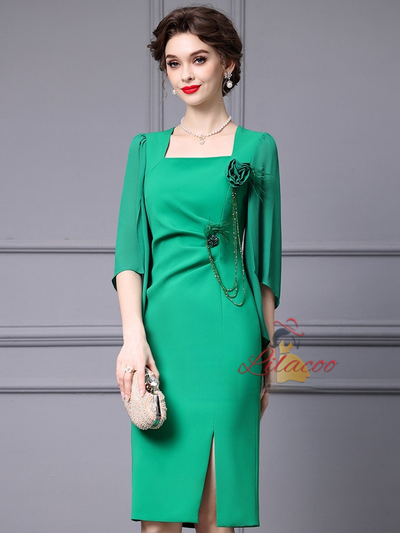 Green Short Sleeve Flower Mother Of The Bride Dress