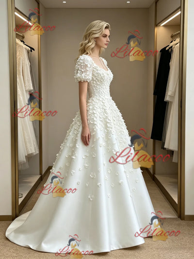White Puff Sleeve Flower Wedding Dress