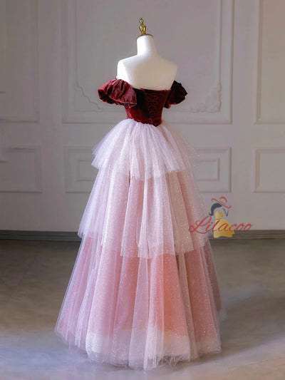 Pink Tulle Sequins Burgundy Velvet Prom Dress