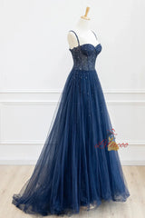 Blue Spaghetti Straps Tulle Beading Prom Dress