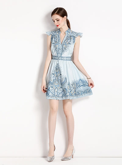 V-neck Flying Sleeve Printed Dress