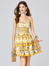 Porcelain Printed Suspender Vest+Skirt Two-piece Suit