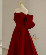 Burgundy Satin Off the Shoulder Bow Prom Dress