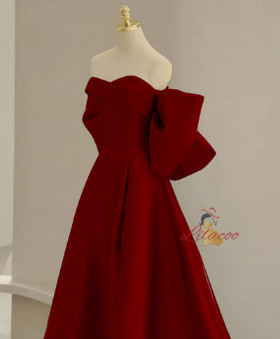 Burgundy Satin Off the Shoulder Bow Prom Dress