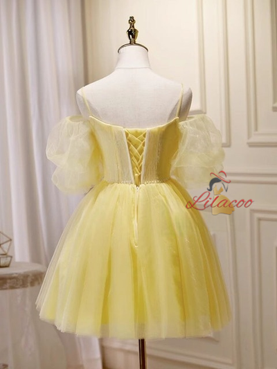 Yellow Tulle Spaghetti Straps Homecoming Dress