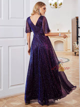 Purple Short Sleeve V-neck Prom Dress
