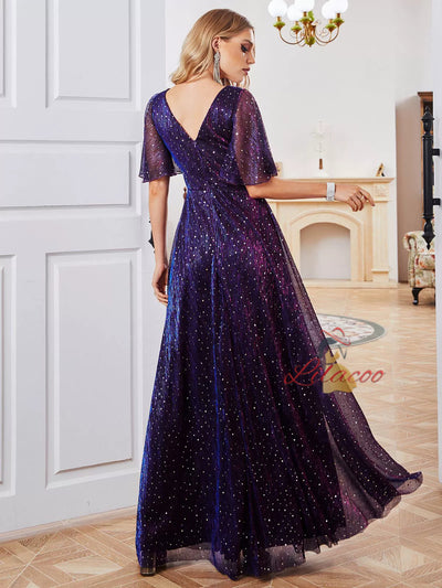 Purple Short Sleeve V-neck Prom Dress