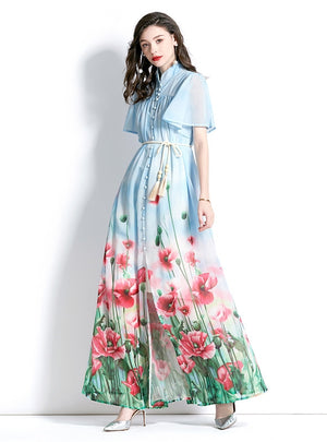 Stand-up Printed Short Sleeve Long Dress