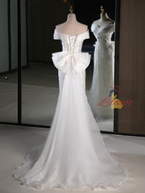 White Mermaid Sequins Appliques Bow Wedding Dress