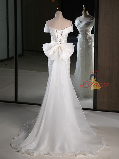 White Mermaid Sequins Appliques Bow Wedding Dress