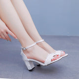 7 cm White Lace Flower Bridal Thick Heel Sandals