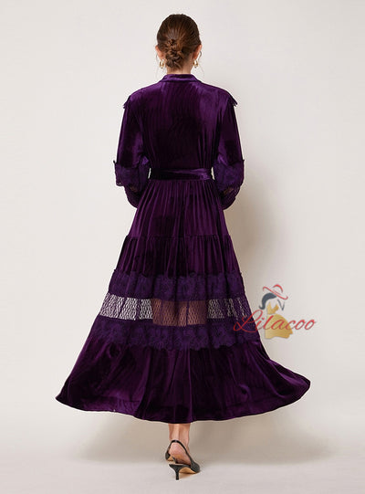 Retro Pearl Buckle Lace Mosaic Velvet Dress