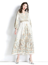 Long Sleeve V-neck Printed Long Dress