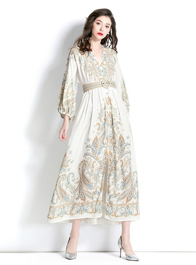 Long Sleeve V-neck Printed Long Dress